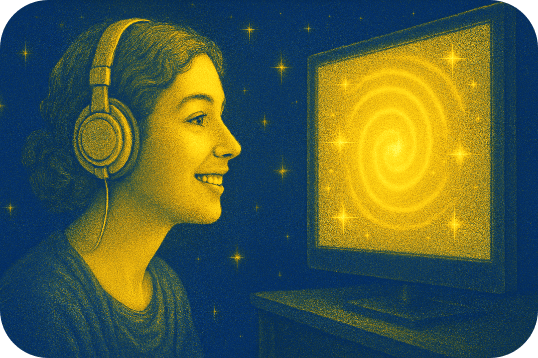 Representação visual de ondas mentais e tecnologia para reprogramação.